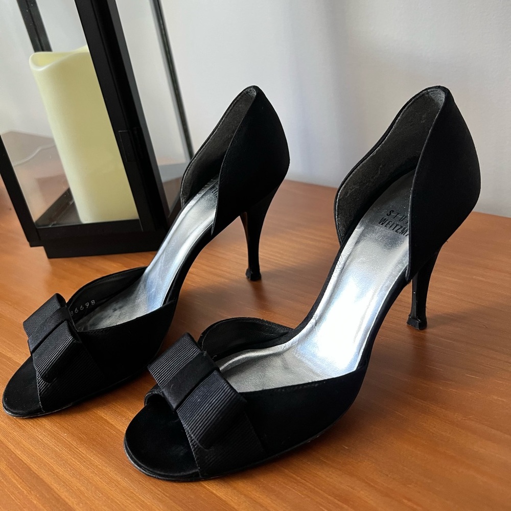 Stuart Weitzman Peep Toe Bow D’orsay Satin Sandals Heels Black Size 6.5